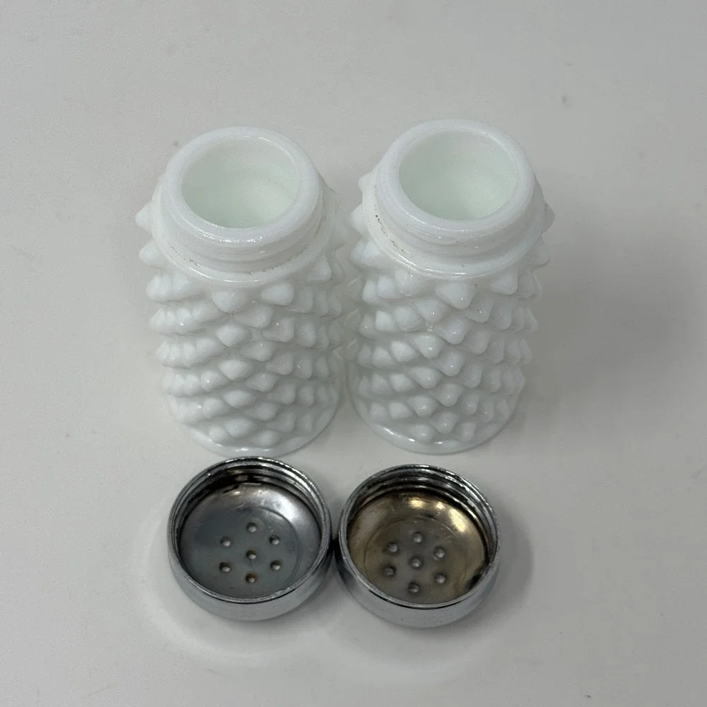Vintage White Milk Glass Hobnail Salt & Pepper Shakers Chrome Tops Set